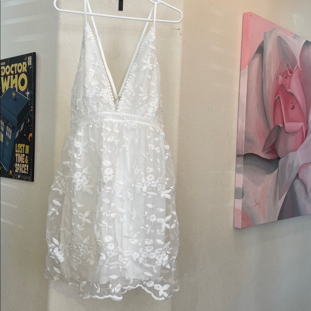 White Floral Embroidered Mini Dress - V-Neck Spaghetti Straps